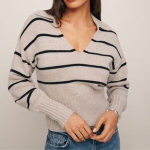 NWOT Reformation Beckie Cashmere Collared Sweater Barley with Black Stripe Small